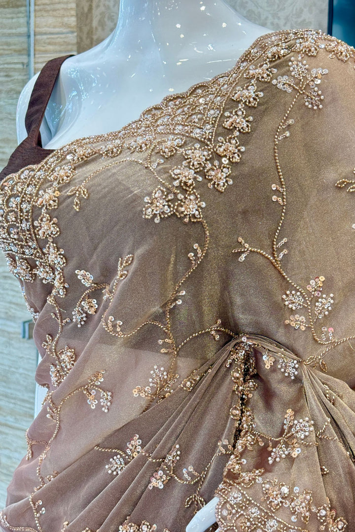 Dark Chiku Saree with Intricate Sequin &amp; Beaded Embroidery and Scalloped Border