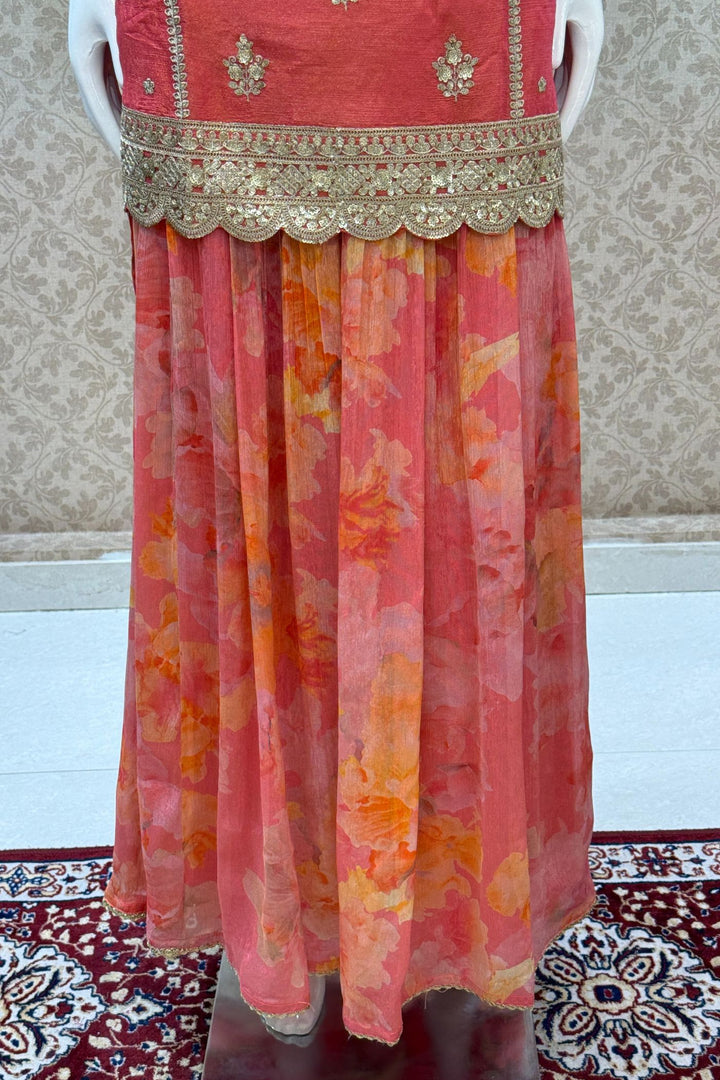 Tomato Red Zari and Sequins work with Digital Print Palazzo Salwar Suit