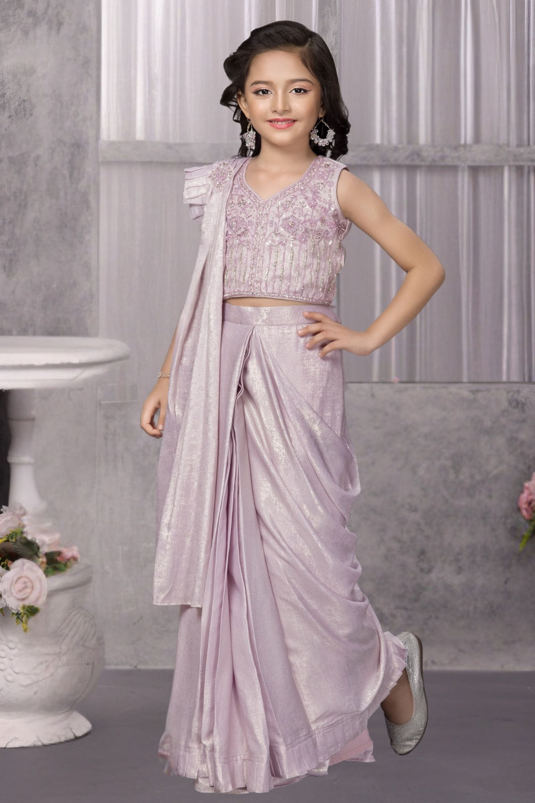 Light Lavender Beads, Sequins and Stone work Indo-Western saree for Kids