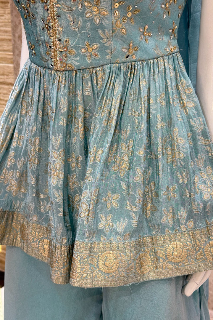 Sky Blue Banaras, Stone, Sequins, Beads and Zardozi work Peplum Top with Palazzo Suit Set