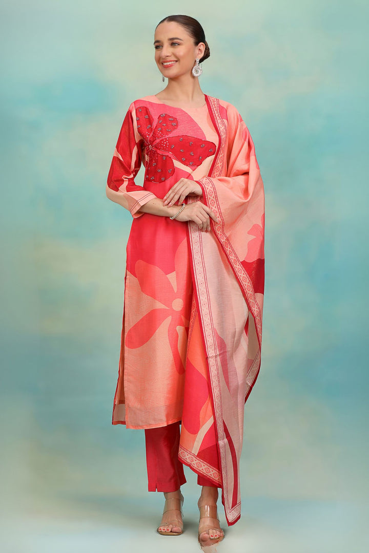 Pink with Digital Print, Beads and Sequins work Straight Cut Salwar Suit