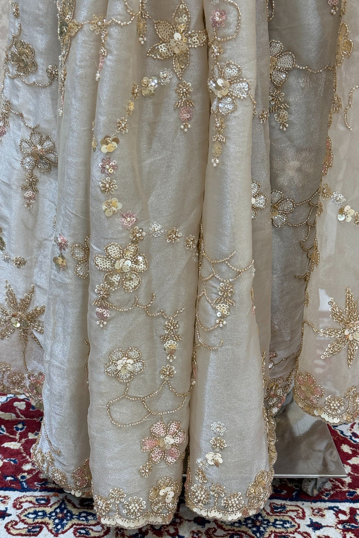 Light Beige Sequins, Beads, Zari and Pearls work Saree