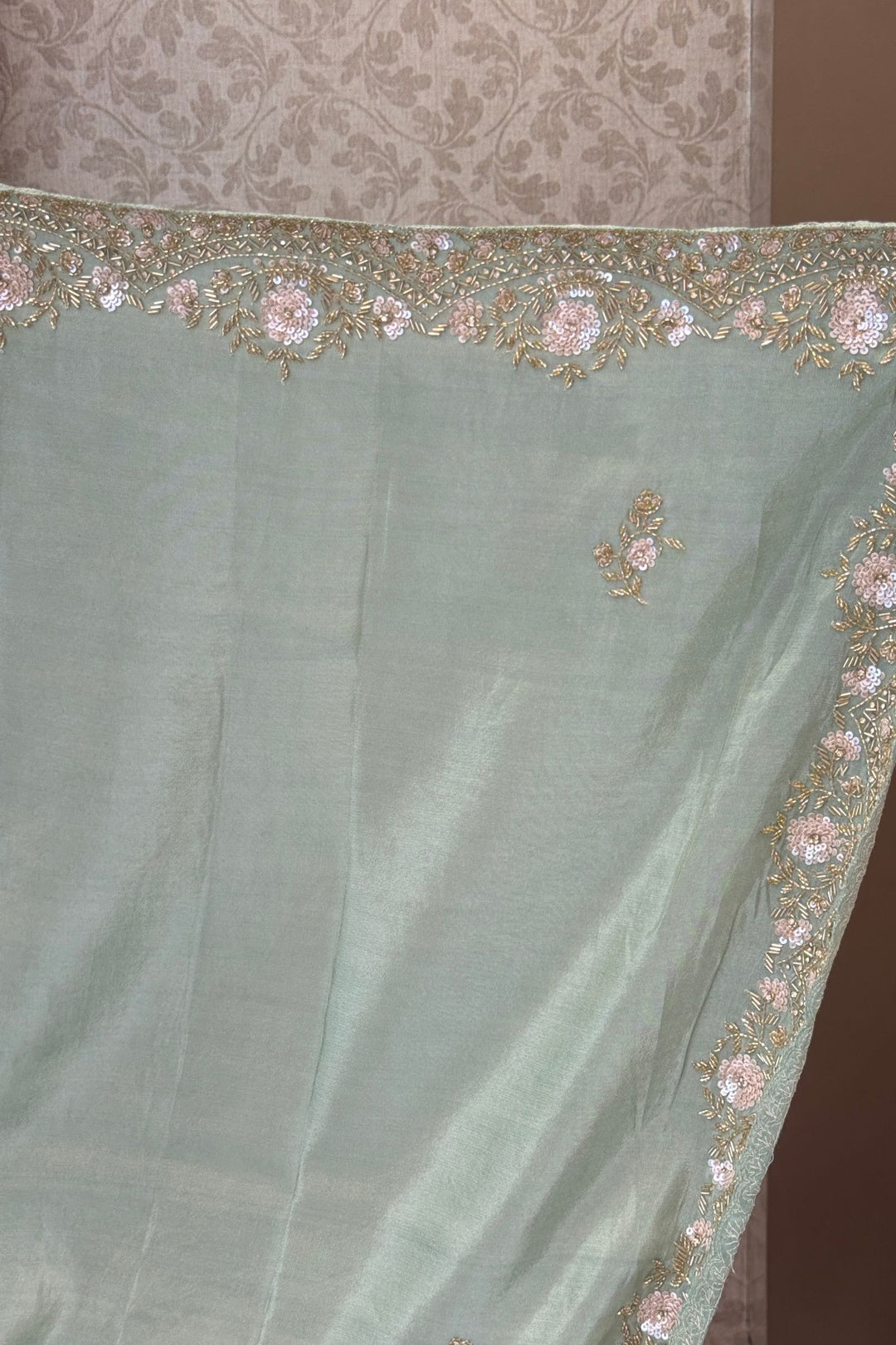 Light Pista Green Party Wear Saree with Sequins, Beads Border and Floral Motif Embroidery