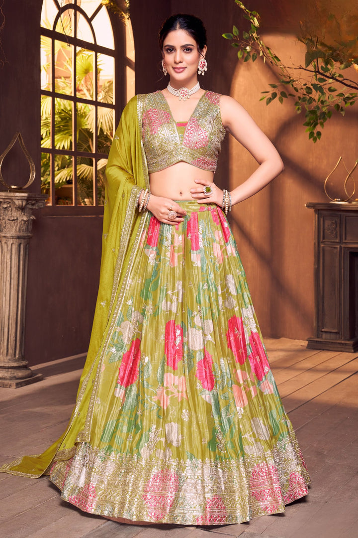 Liril Green Sequins and Zari work with Multicolor Digital Print Crop Top Lehenga