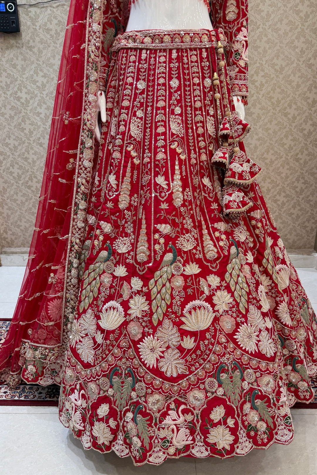 Red Beads, Embroidery, Zari, Sequins and Zardozi work Crop Top Designer Bridal Lehenga