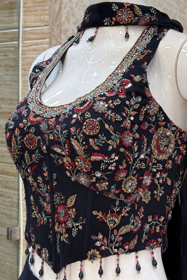 Navy Blue Beads, Sequins and Multicolor Embroidery work Palazzo Suit Set