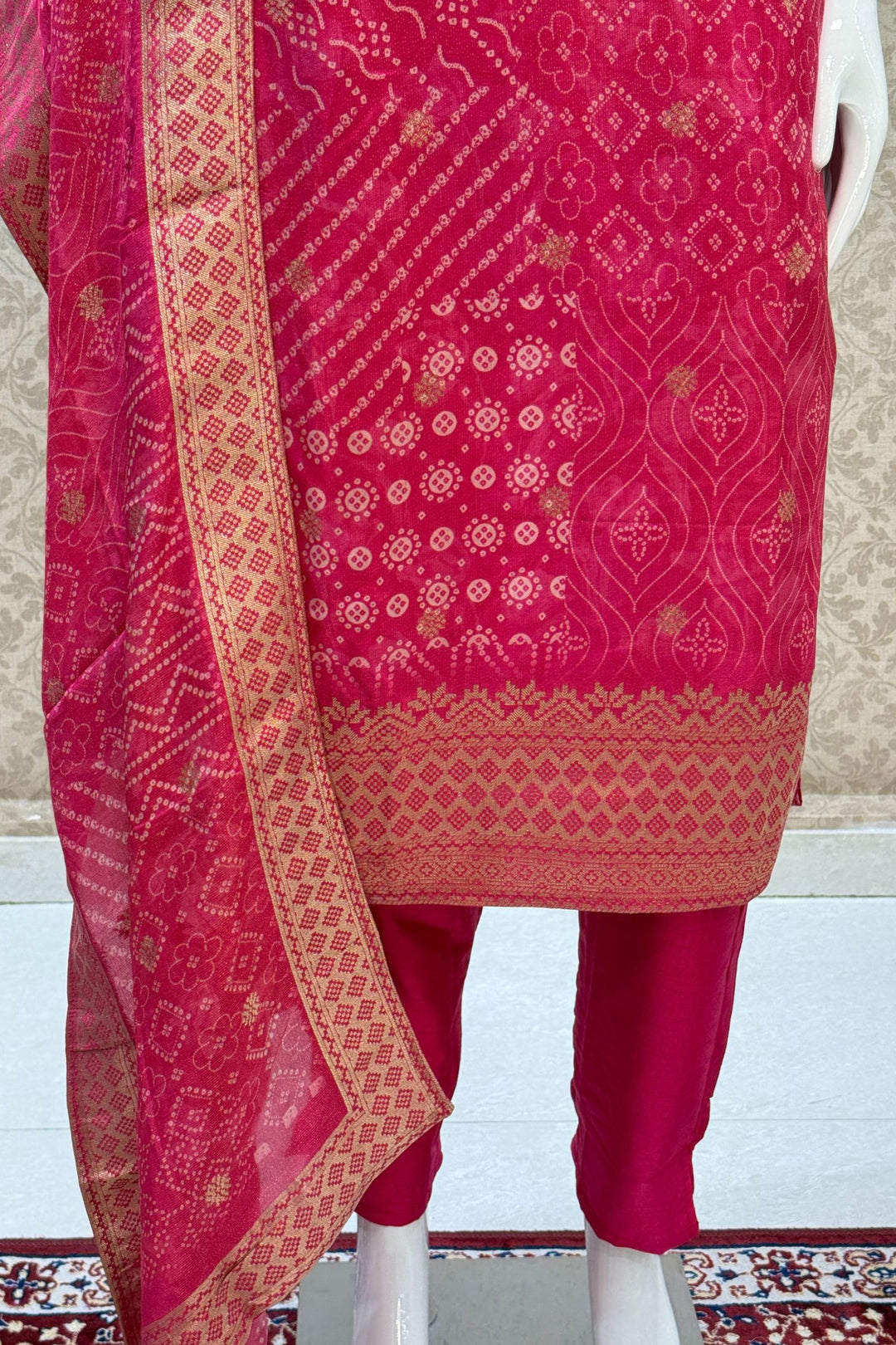 Rani Pink Banaras and Zari Weaving work with Bandini Print Straight Cut Salwar Suit