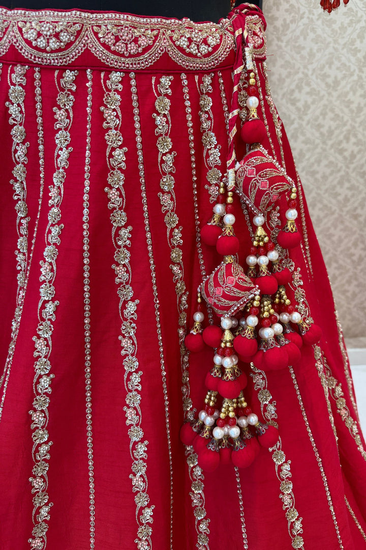 Red Zardozi, Sequins, Beads, Pearl, Thread and Zari work Crop Top Designer Bridal Lehenga