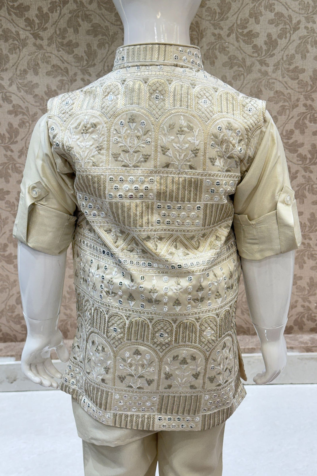 Beige Thread and Sequins work Waist Coat Kurta Set for Boys