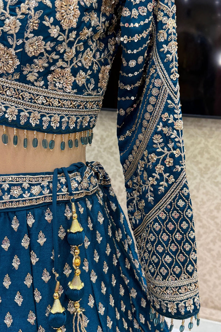 Designer Wedding Lehenga in Peacock Blue with Beads, Zari and Sequins Work