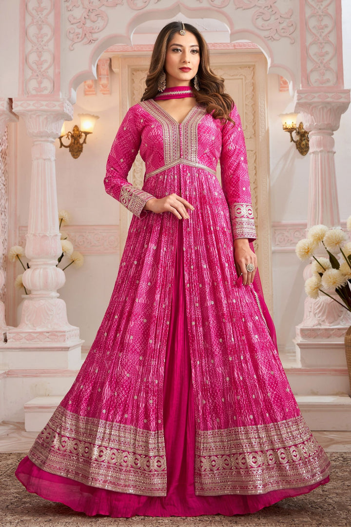 Pink Sequins and Zari work with Digital Print Mastani Styled Long Top Lehenga