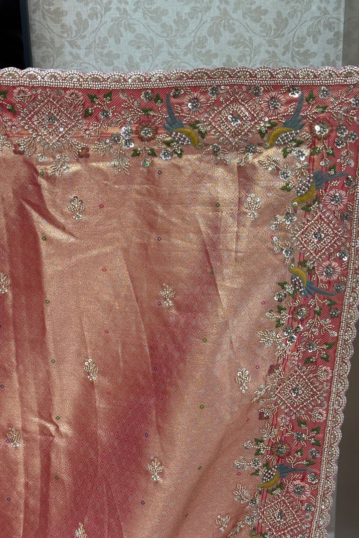 Copper Rose Gold Saree Featuring Banaras, Sequins and Beads work