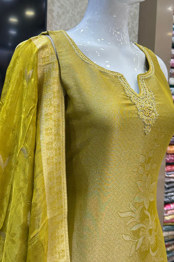 Liril Green Brocade, Zardozi, Beads, Thread, Stone and Zari work Straight Cut Salwar Suit