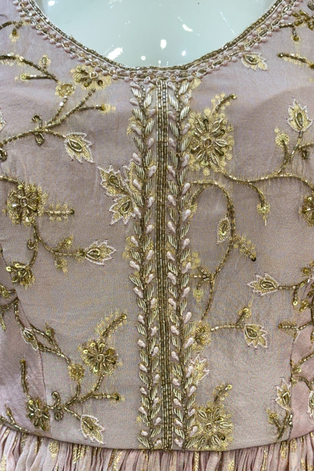 Baby Pink Banaras, Beads, Zardozi and Sequins work Peplum Top with Palazzo Suit Set