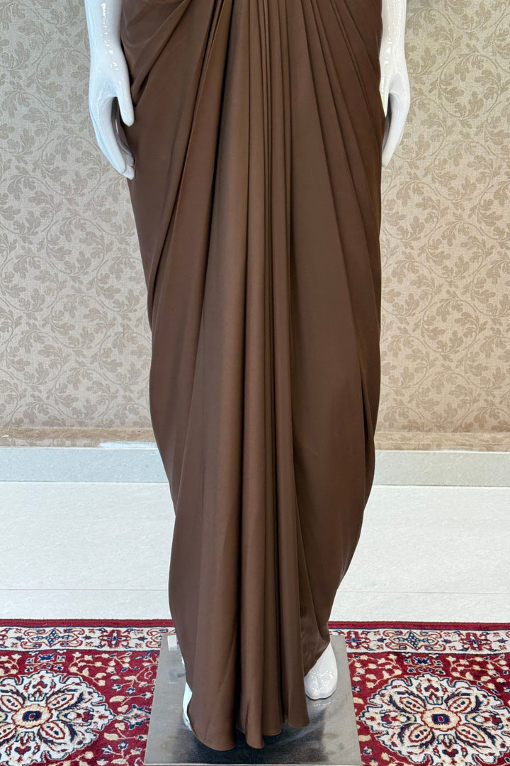 Brown Indo-Western Styled Beads and Sequins work Top and Cowl Skirt