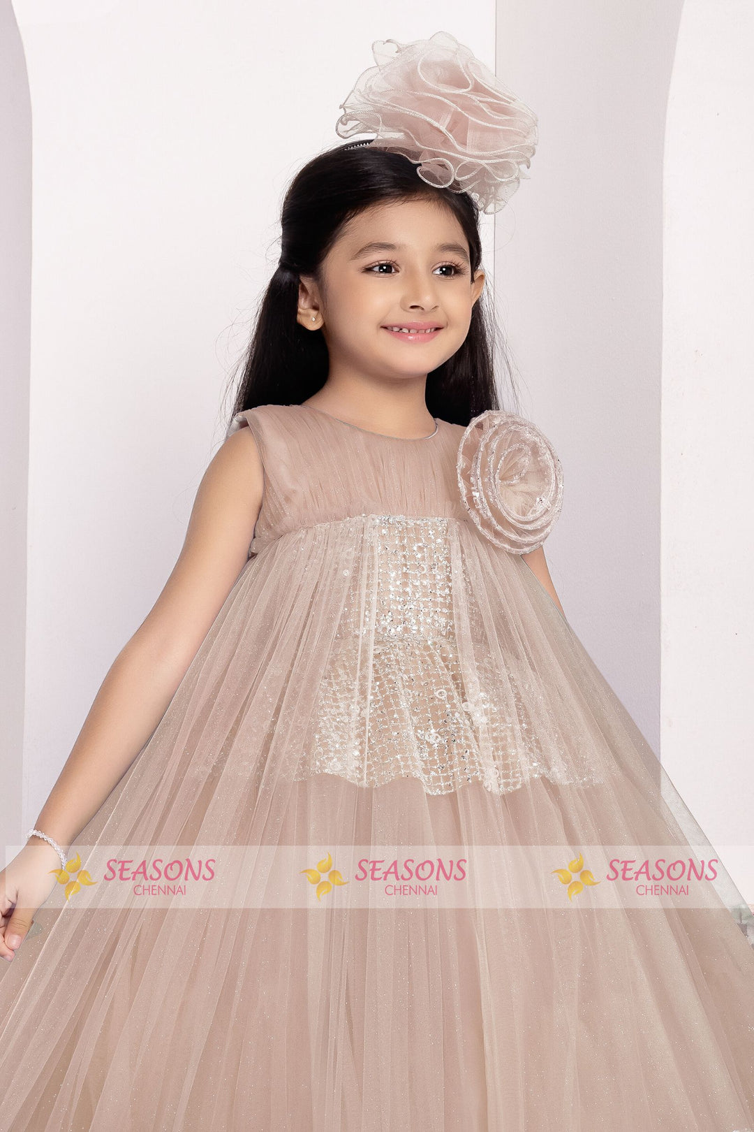 Beige Glitter work Long Party Frock for Girls