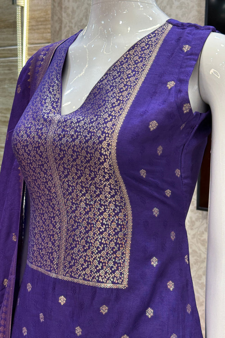 Purple Banaras work V-Neck Straight Cut Salwar Suit