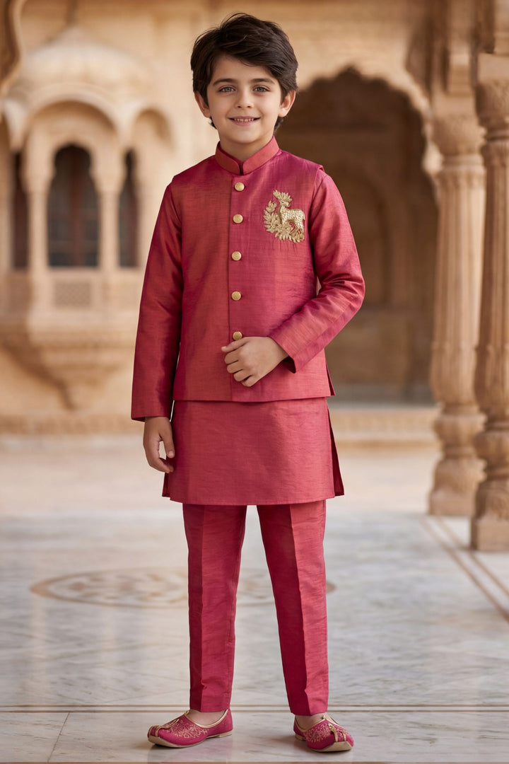 Onion Pink Zardozi work Waist Coat Kurta Set for Boys