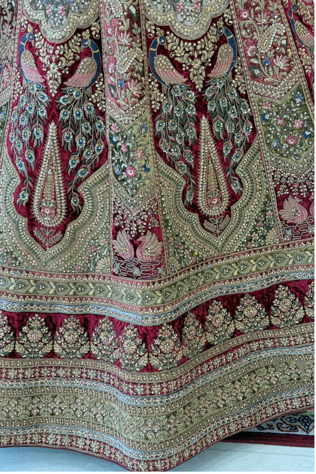 Maroon with Chiku Sequins, Beads, Zari and Stone work Crop Top Designer Bridal Lehenga