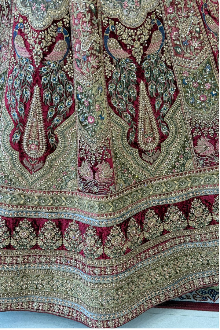 Maroon with Chiku Sequins, Beads, Zari and Stone work Crop Top Designer Bridal Lehenga