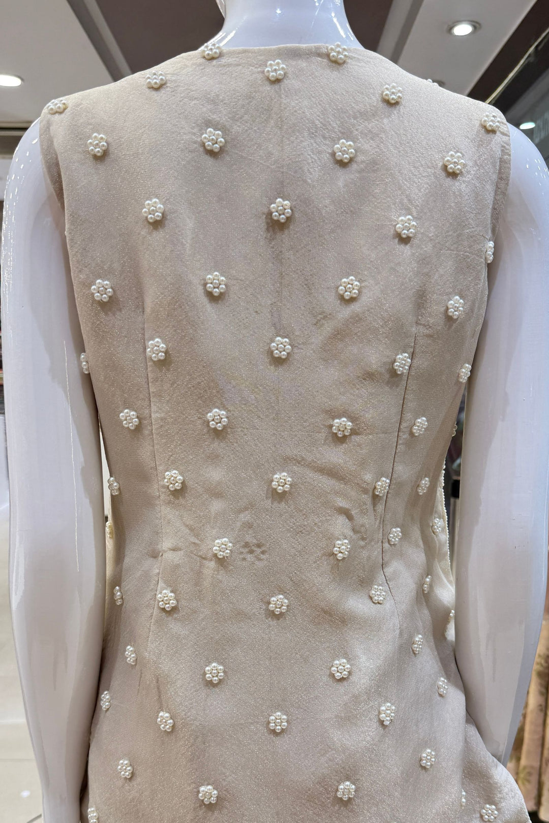 Beige Pearl, Sequins, Beads and Mirror work Top with Flared Palazzo Set