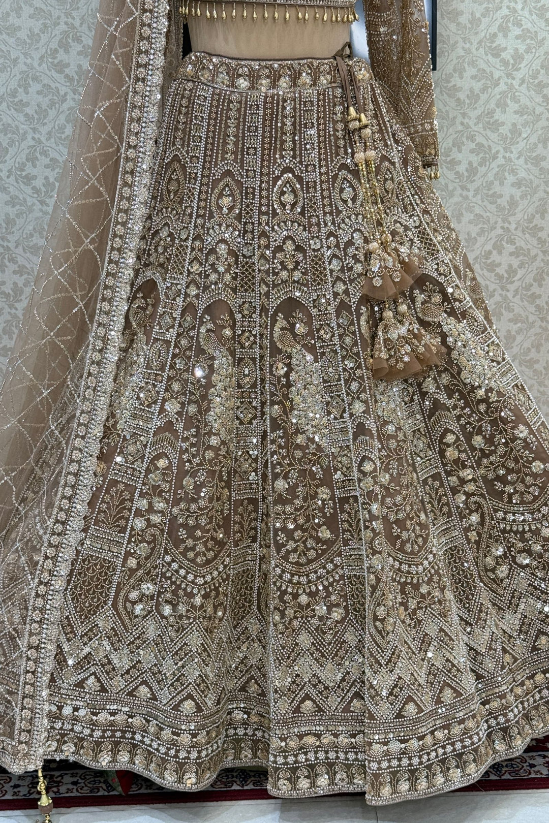 Copper Sequins, Pearl and Zari work Flared Lehenga Set with Peacock Motifs