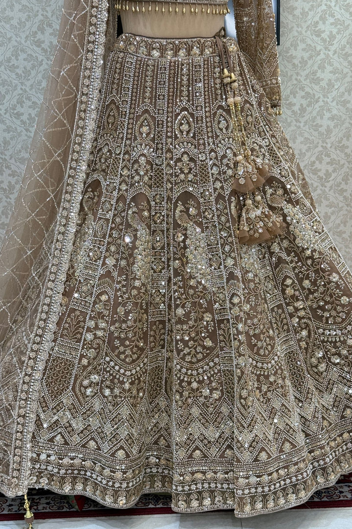 Copper Sequins, Pearl and Zari work Flared Lehenga Set with Peacock Motifs