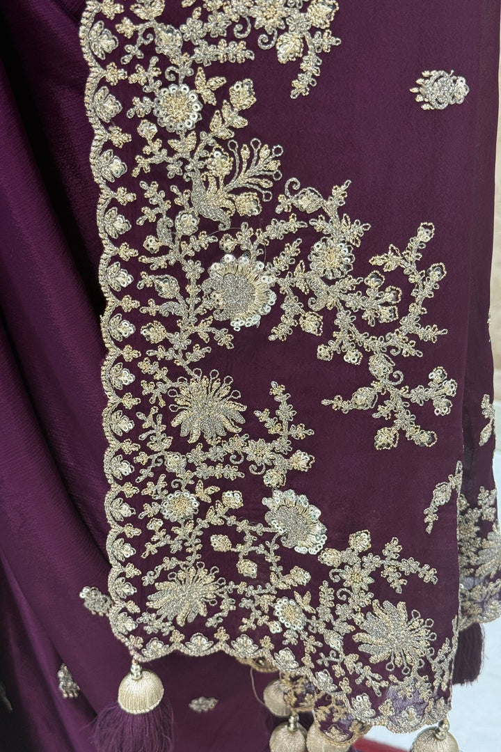 Purple Zari and Sequins work Saree