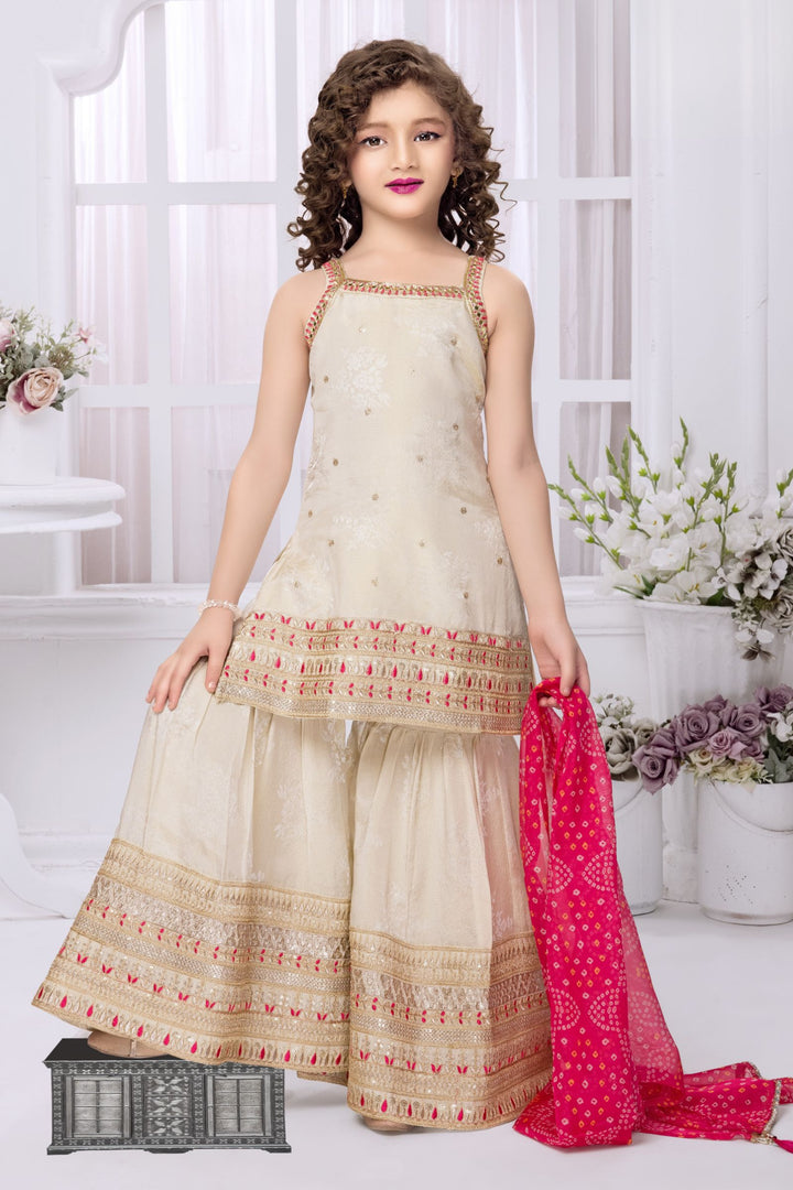 Beige Mirror, Thread, Beads, Zadi and Sequins work Sharara Suit Set for Girls