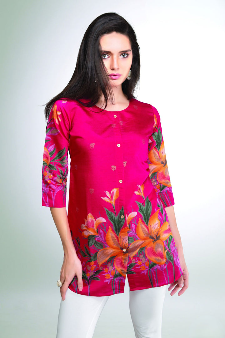 Rani Pink Floral Print Short Kurti