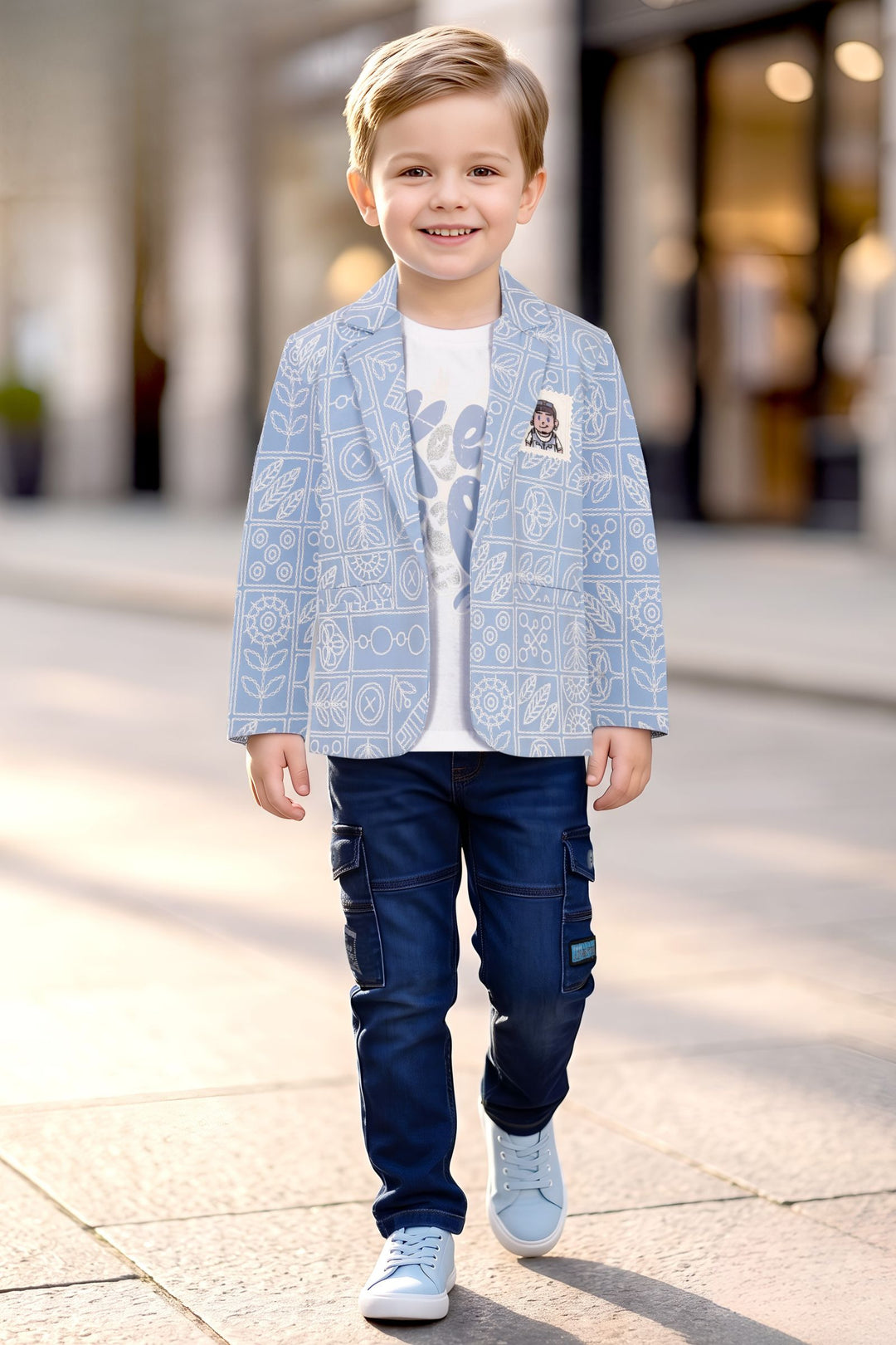 Sky Blue with Dark Blue Blazer, Printed T-Shirt and Pant Set for Boys