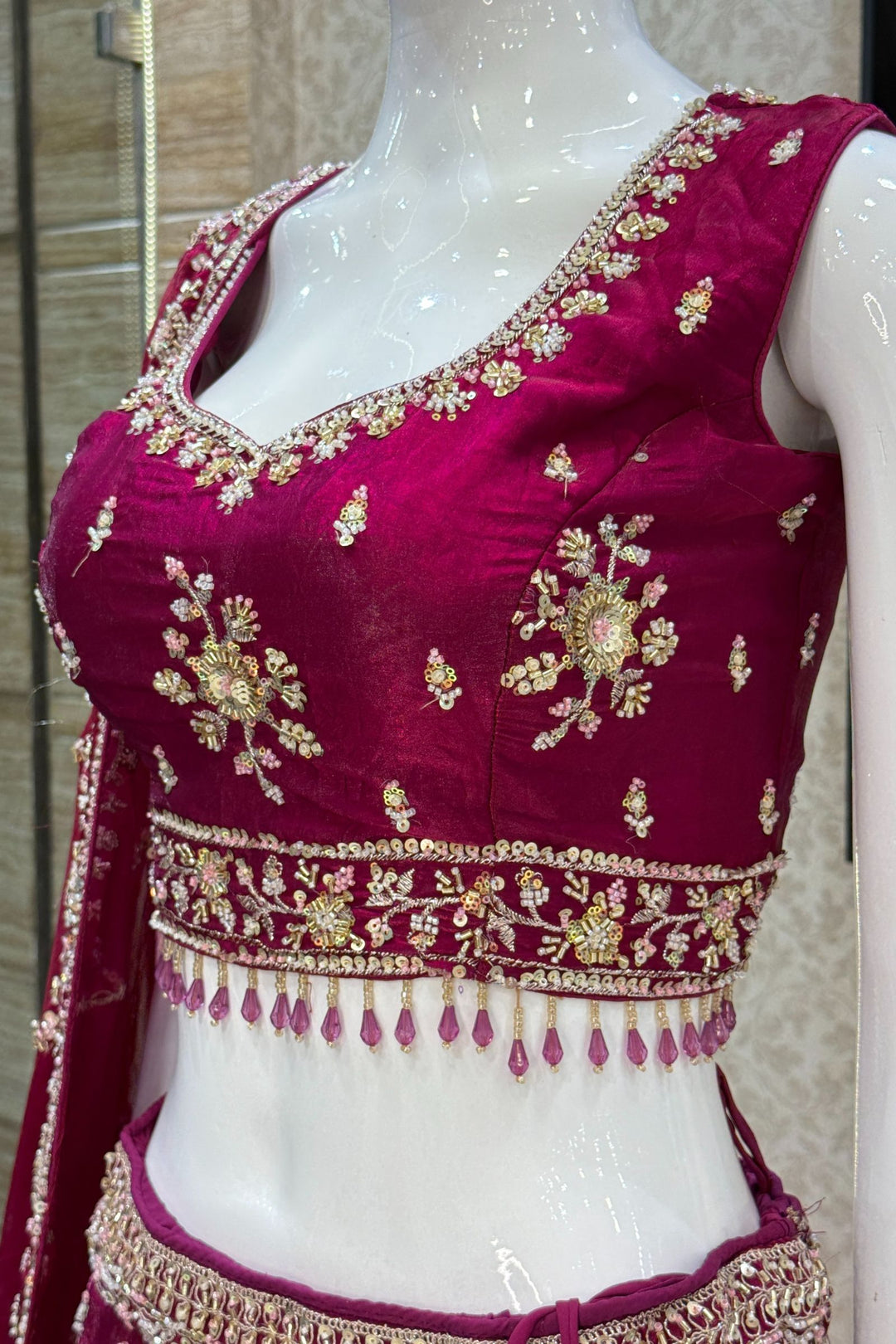 Magenta Beads, Zari and Sequins work Crop Top Bridal Lehenga