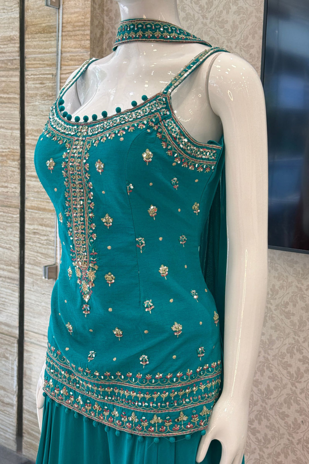 Mirror, Sequins, Zardozi and Thread Detail on Rama Blue Festive Kurta with Palazzo Set