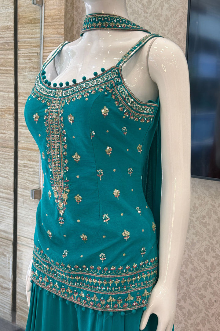 Mirror, Sequins, Zardozi and Thread Detail on Rama Blue Festive Kurta with Palazzo Set