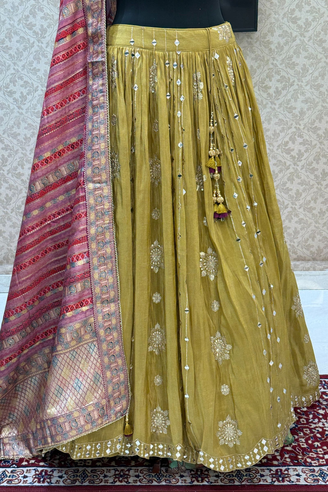 Olive Green Mirror, Beads, Zardozi and Sequins work Crop Top Lehenga