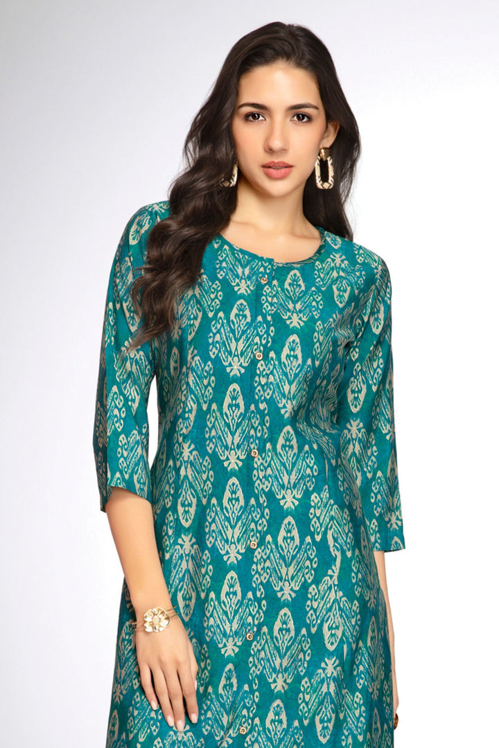 Rama Blue Digital Print A-line Cut Calf Length Kurti