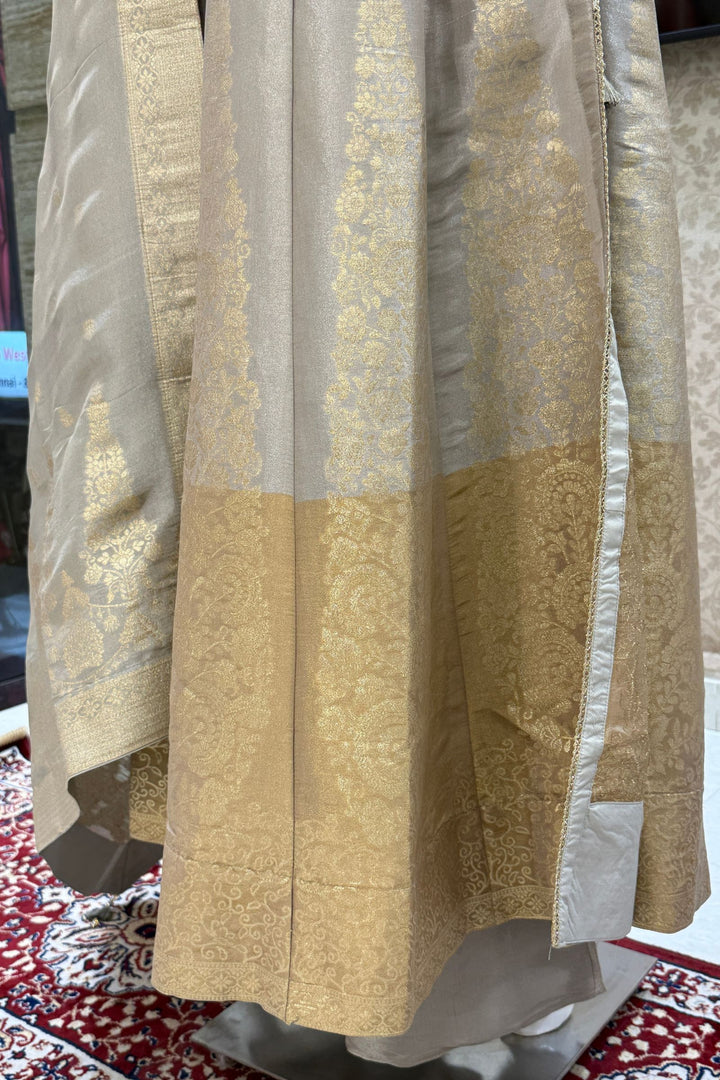 Silver Grey Zardozi, Beads and Sequins work Nyra Cut Salwar Suit with Palazzo Pant