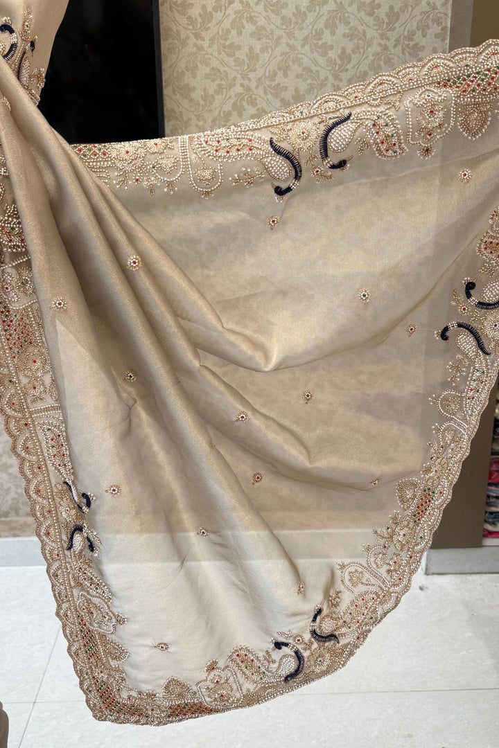 Grey Beads, Sequins and Pearl work Saree
