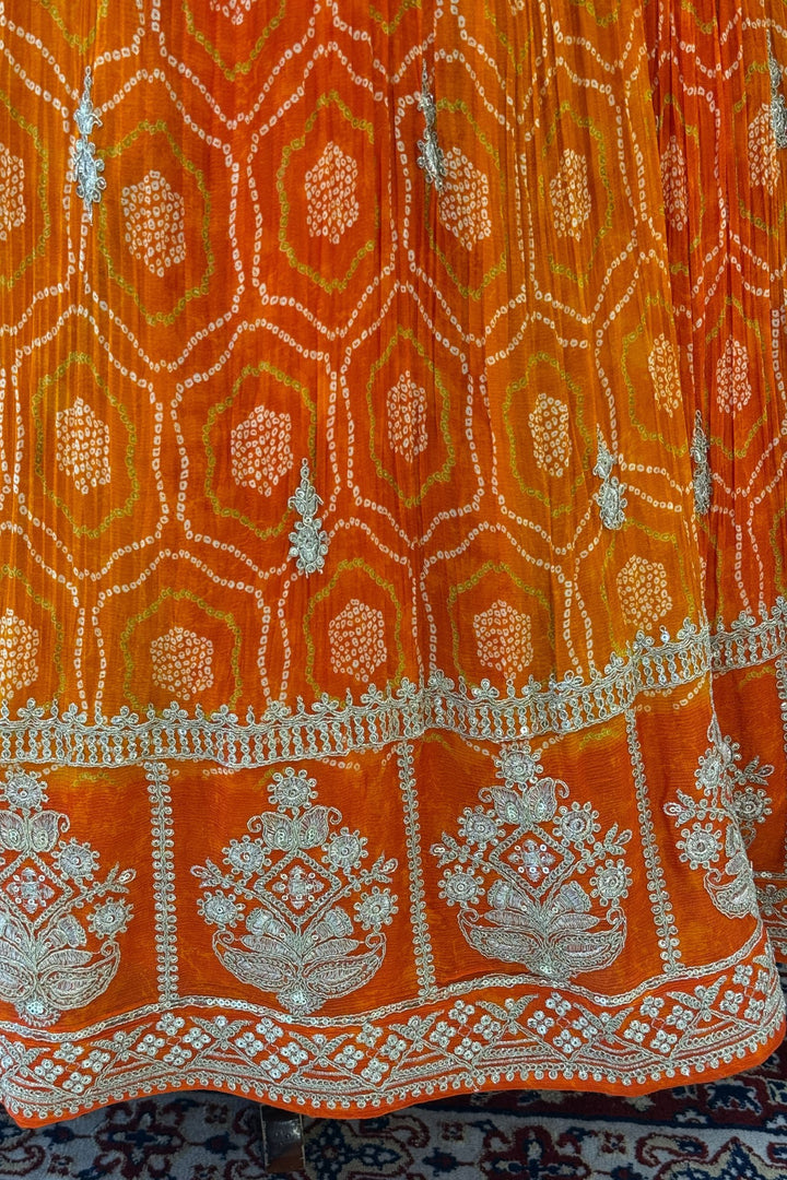 Orange Mirror, Stone, Zardozi and Sequins work with Bandini Print Crop Top Lehenga