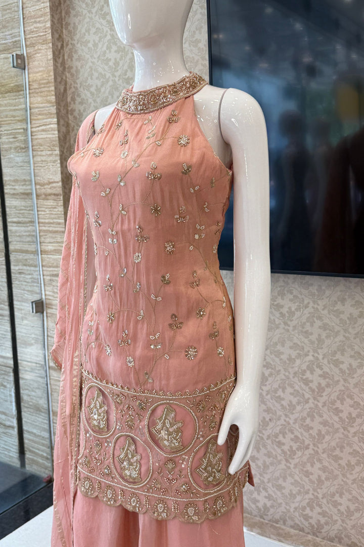 Peach Zari, Sequins and Beads work Palazzo Salwar Suit