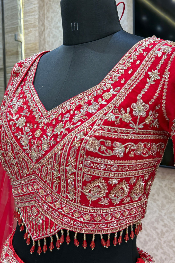 Red Beads, Zari, Zardozi, Thread and Sequins work Crop Top Designer Bridal Lehenga
