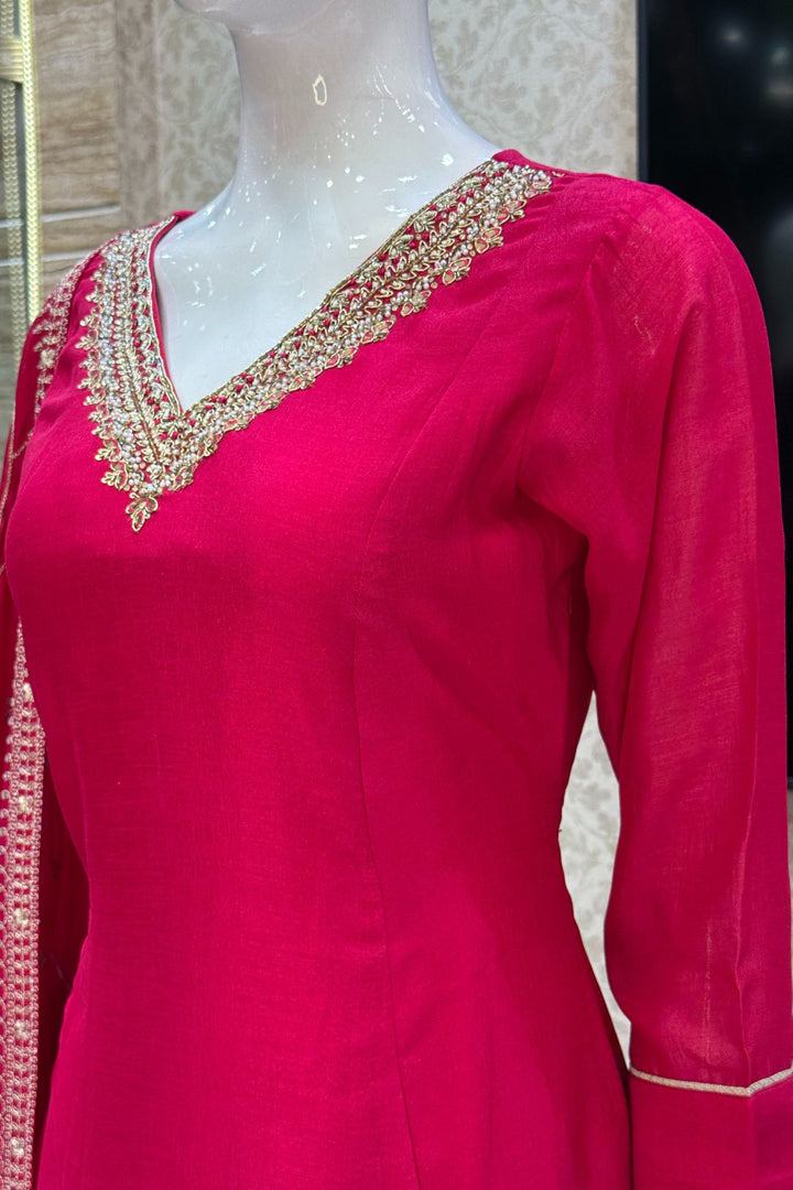 Rani Pink Beads, Pearl, Zardozi, Stone, Zari and Sequins work Aline Cut Salwar Suit