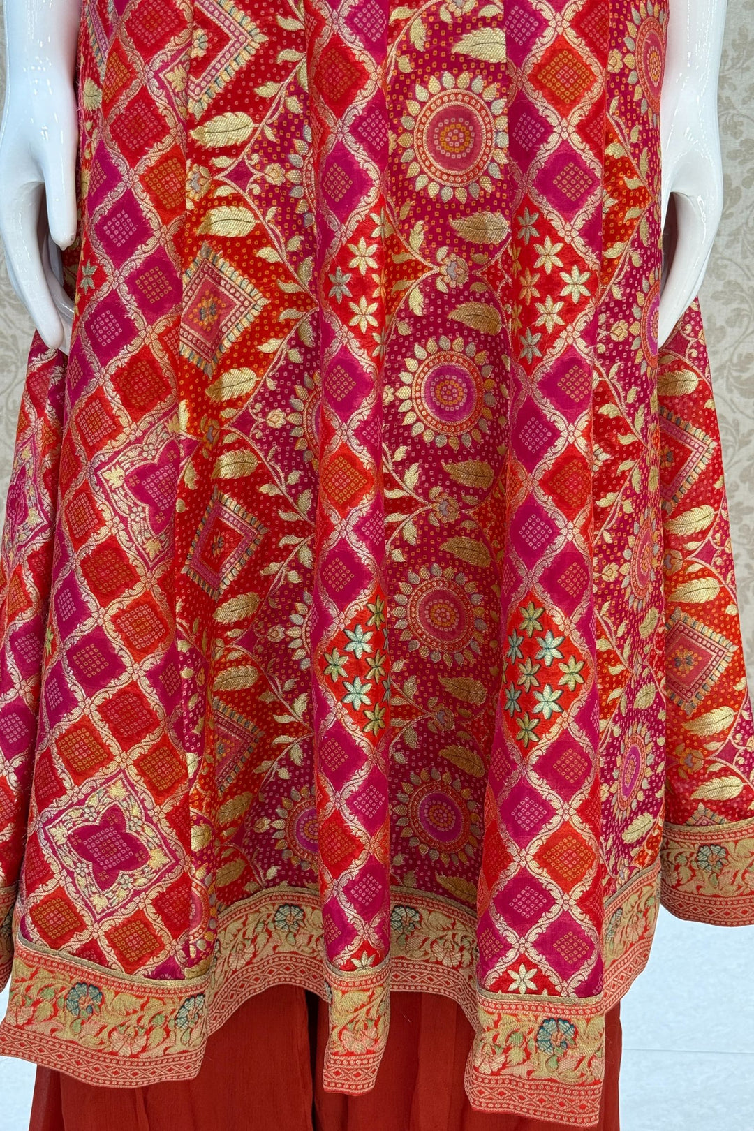 Orange with Rani Pink Banaras work with Bandini Print Anarkali Style Salwar Suit with Palazzo Pant