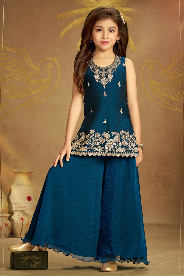 Royal Blue Beads, Zari and Sequins work Palazzo Suit Set for Girls