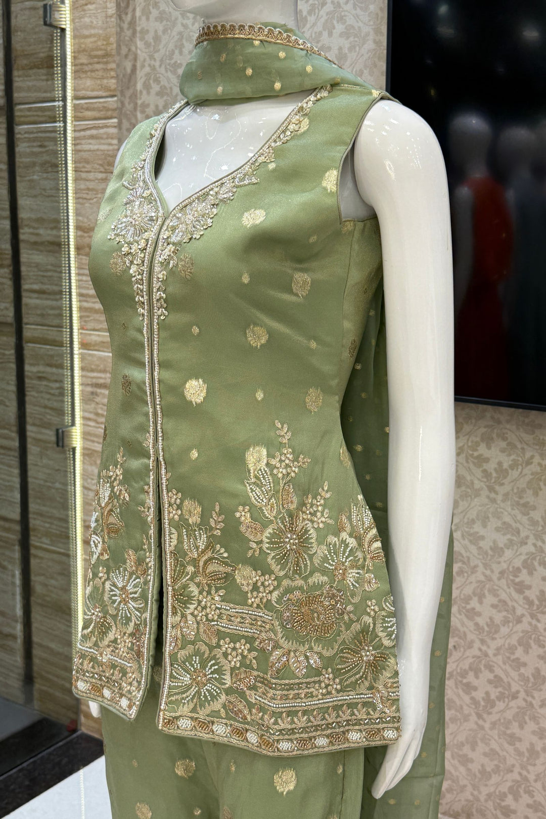 Pista Green Beads, Banaras, Sequins, Stone, and Thread work Salwar with Palazzo Pant