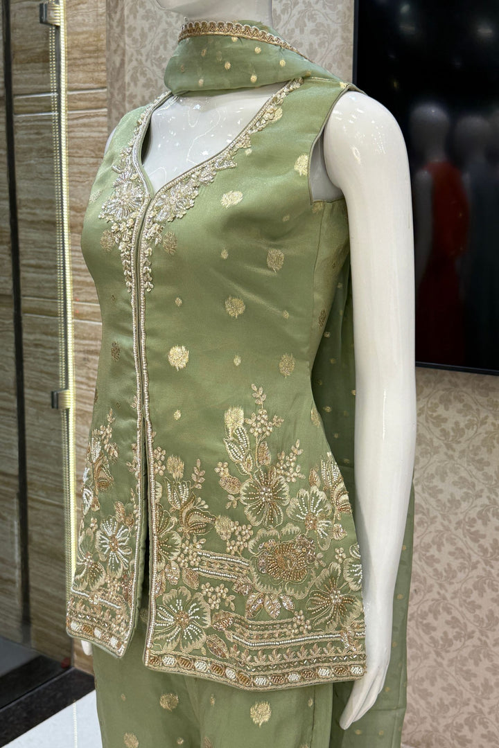 Pista Green Beads, Banaras, Sequins, Stone, and Thread work Salwar with Palazzo Pant