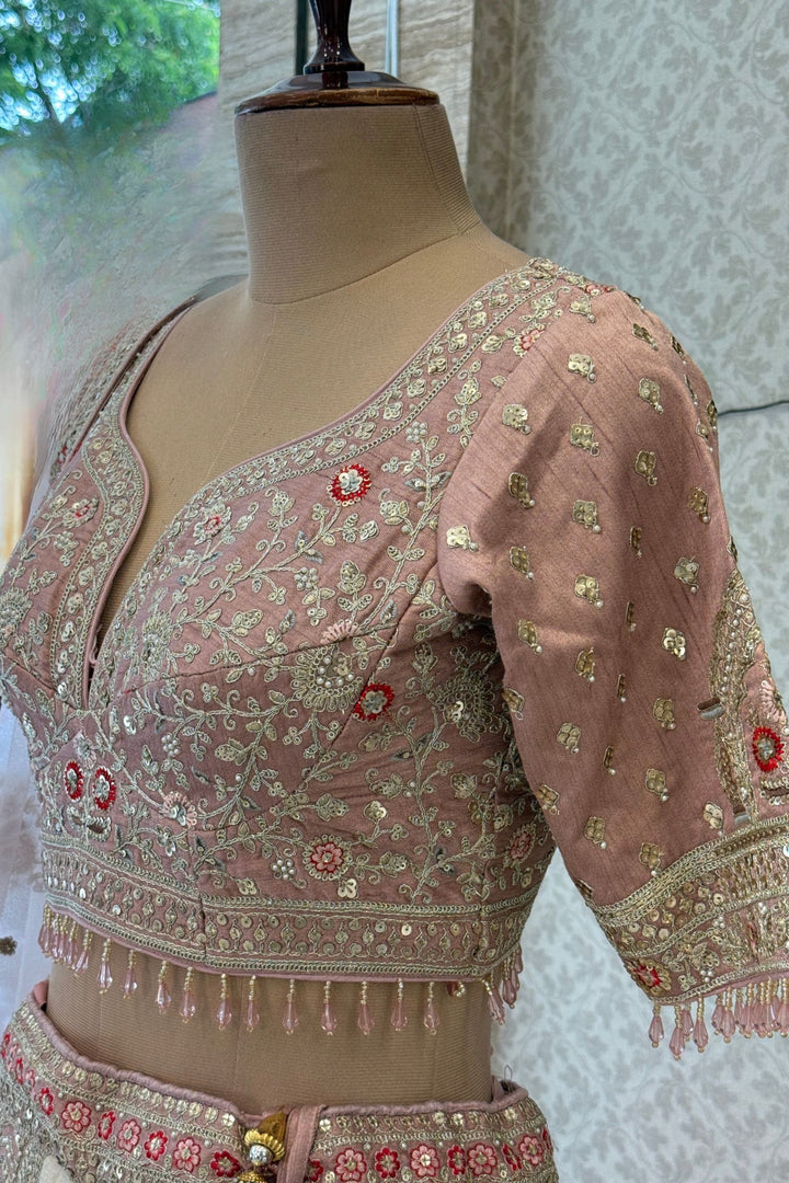 Cream and Blush Pink Bridal Lehenga with Intricate Sequins, Zari, Pearl, Beads and Stone