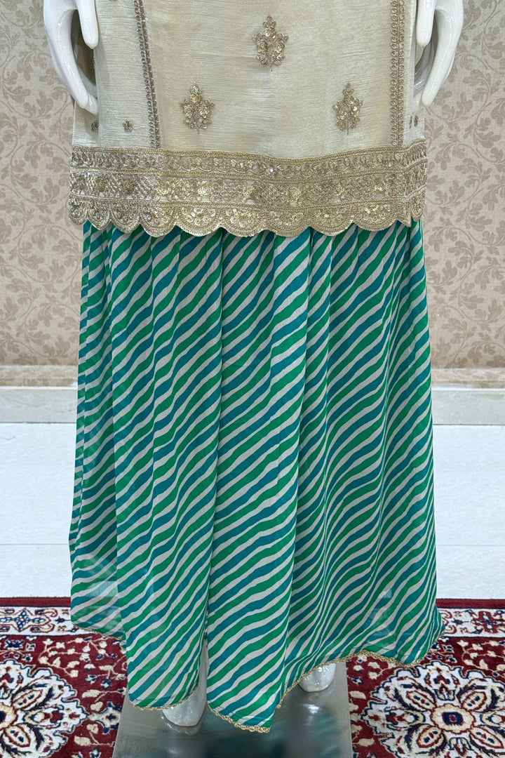 Beige Zari, Sequins and Thread work with Leheriya Print Palazzo Salwar Suit