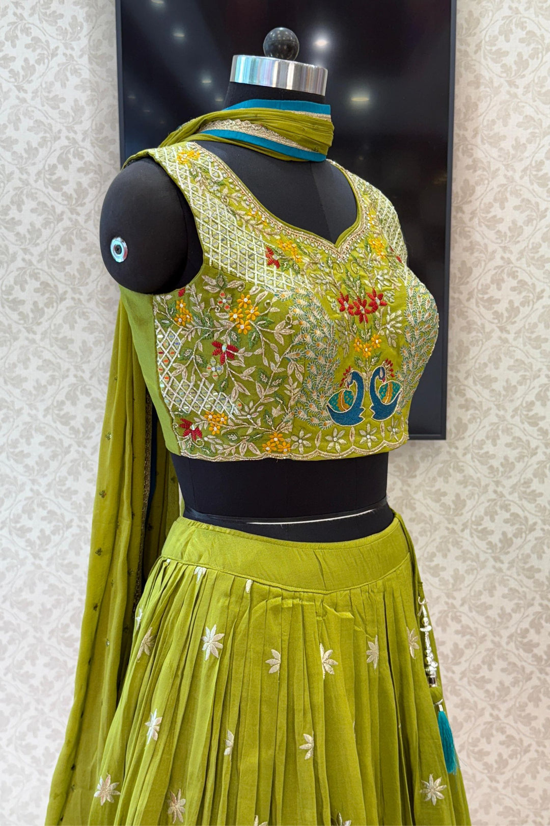 Mehendi Green Zari, Zardozi, Mirror, Stone and Multicolor Embroidery work Crop Top Lehenga