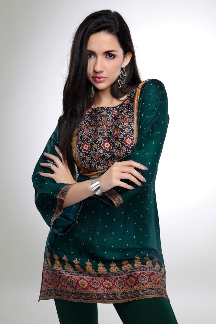 Bottle Green with Multicolor Digital Print Short Kurti